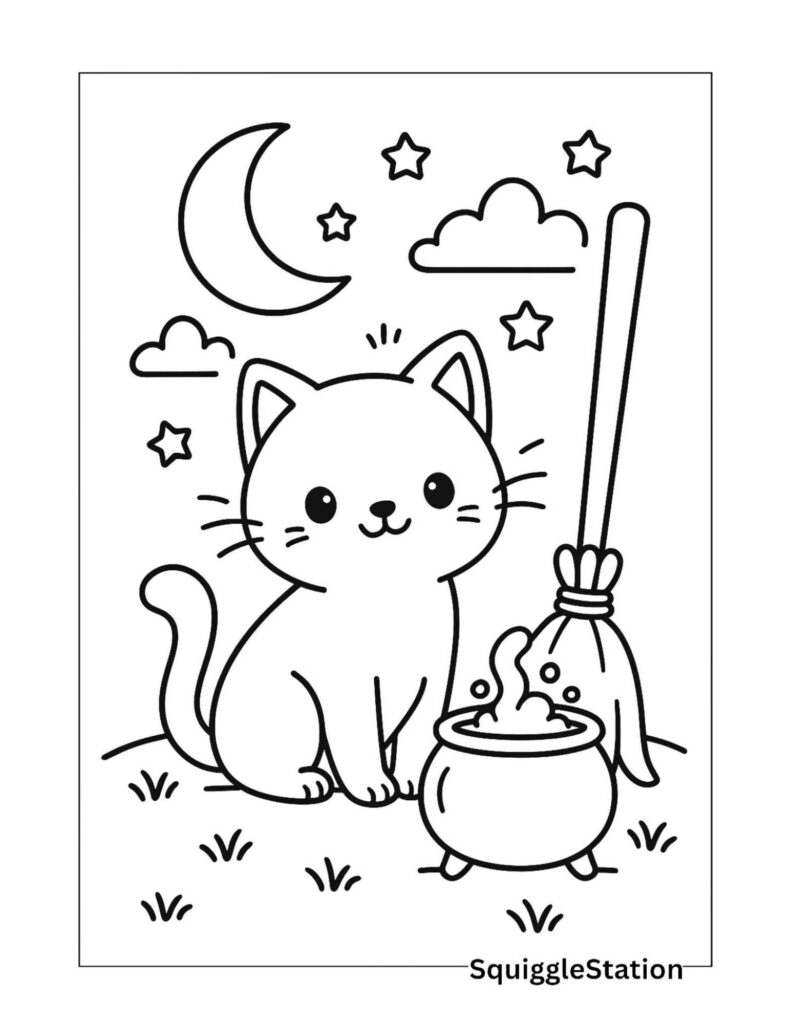Free printable kawaii black cat coloring page with curious kitten standing next to a witch’s broom and Halloween elements for kids