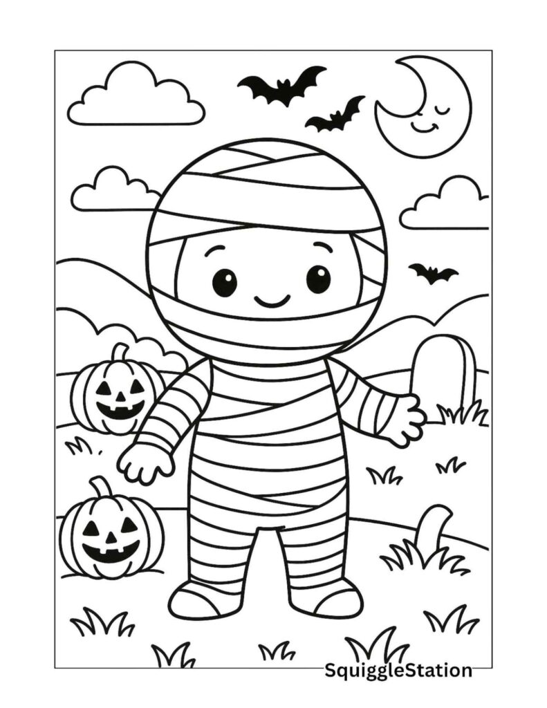 Free printable kawaii mummy coloring page for kids featuring a smiling cartoon mummy with Halloween background details