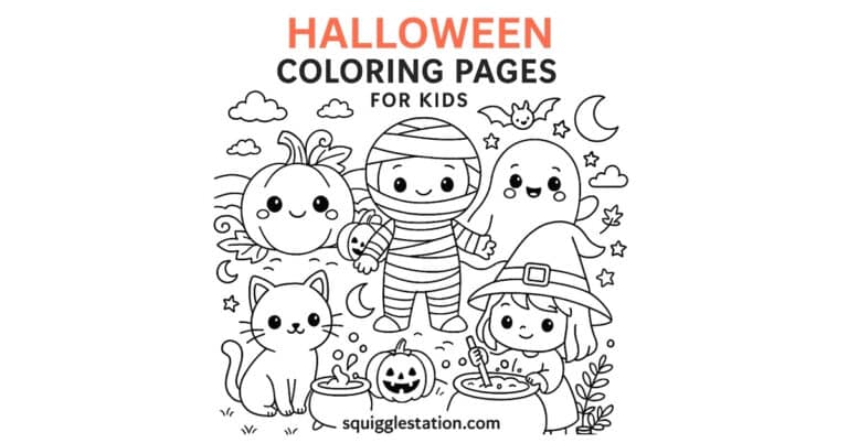 Preview collage of five free printable kawaii Halloween coloring pages for preschoolers including a cute pumpkin, ghost, witch, black cat, and mummy in cartoon style