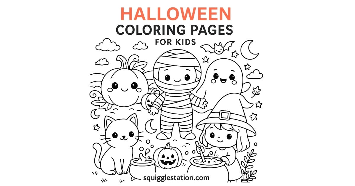 Preview collage of five free printable kawaii Halloween coloring pages for preschoolers including a cute pumpkin, ghost, witch, black cat, and mummy in cartoon style