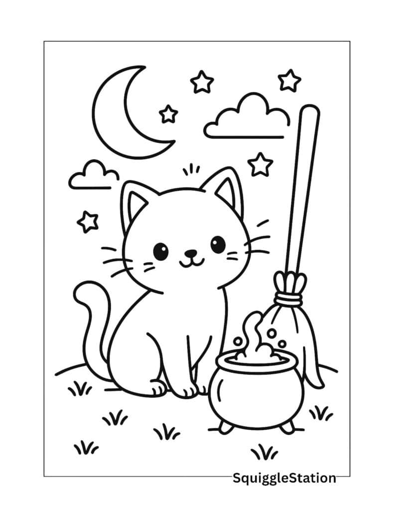 Free printable kawaii black cat coloring page for kids featuring a curious cat sitting beside a witch's broom with stars and a full moon in the background