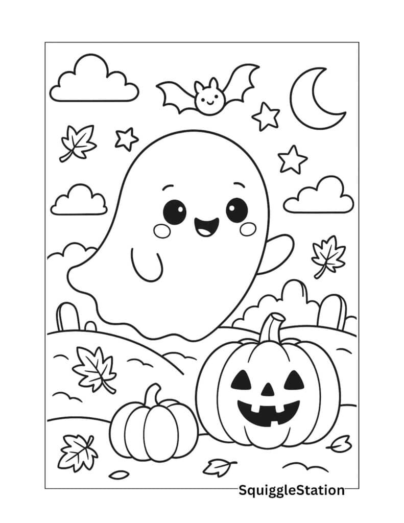 Free printable kawaii ghost coloring page for kids with pumpkins, stars, and Halloween decorations – perfect for preschool and kindergarten