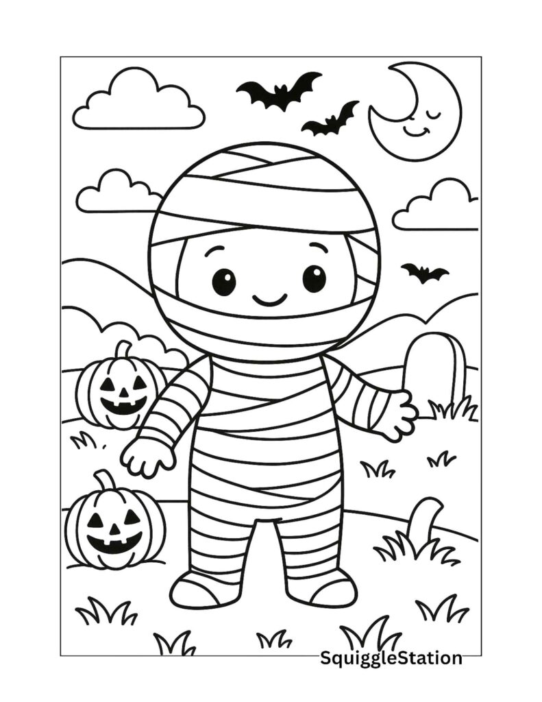 Free printable kawaii mummy coloring page for kids featuring a smiling cartoon mummy surrounded by stars, the moon, and a fun Halloween background