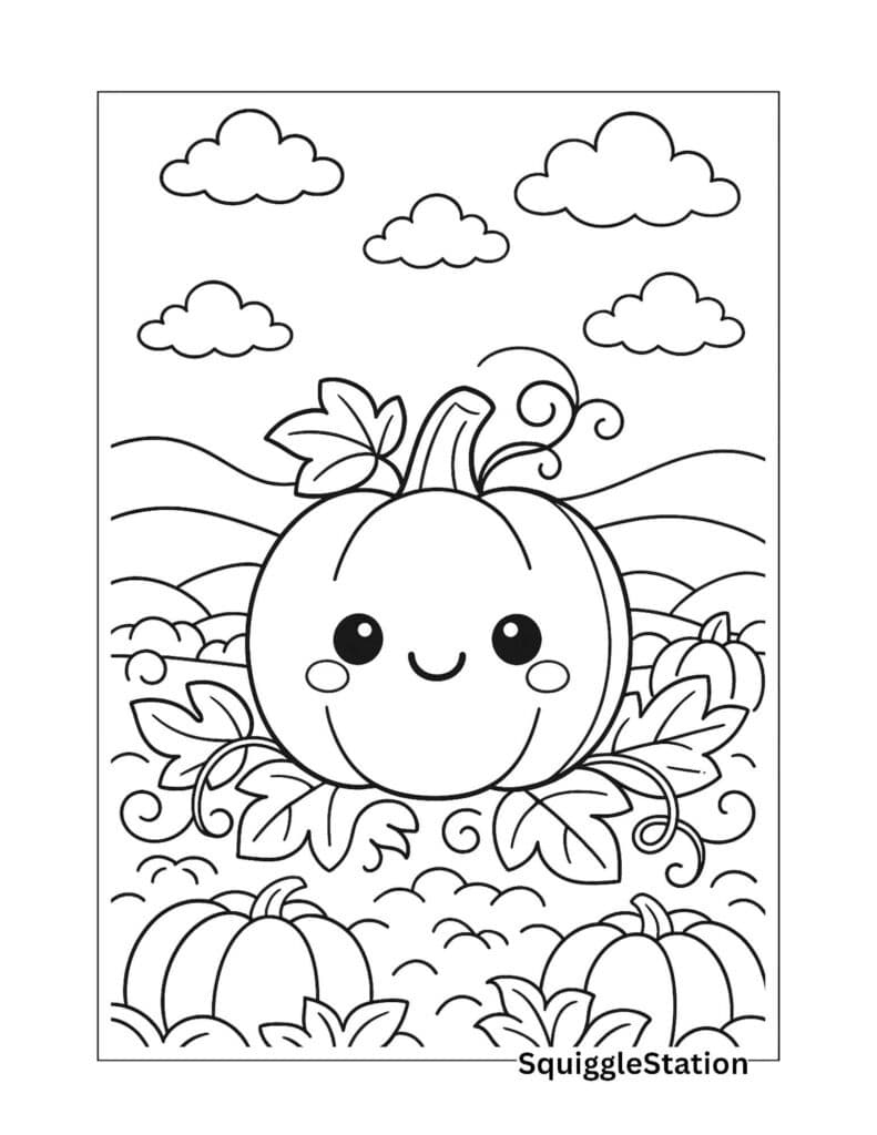 Free printable kawaii pumpkin patch coloring page for preschoolers featuring a cute smiling pumpkin surrounded by vines and fall leaves