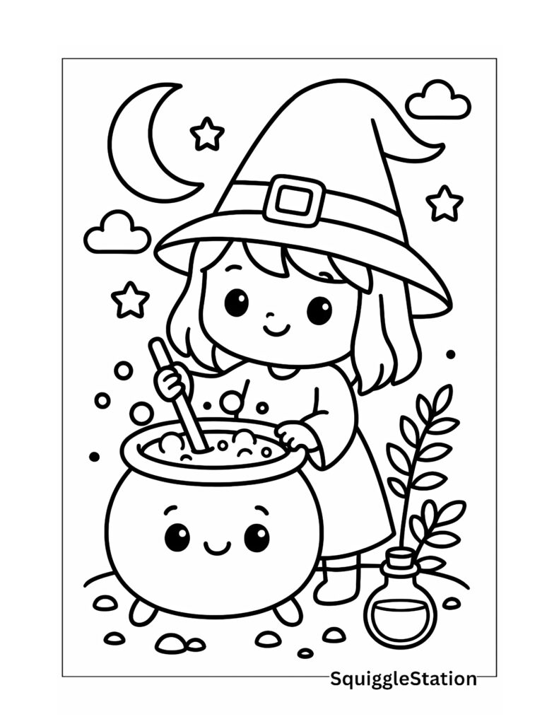 Free printable kawaii witch coloring page for kids featuring a smiling witch with a bubbling cauldron, crescent moon, and stars in the background