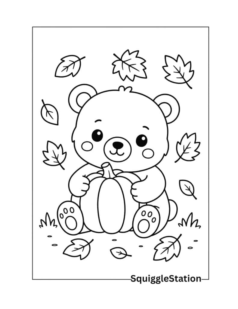 Cute Autumn Animals Coloring Pages (Free Printable PDFs) 5 Cute bear with pumpkin coloring page surrounded by autumn leaves