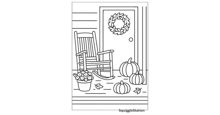 Country Porch in Fall coloring page with rocking chair, pumpkins, potted mums, and autumn wreath – free printable.