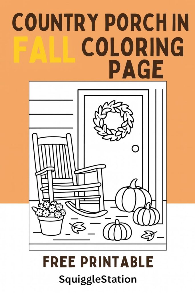 Free printable Country Porch in Fall Coloring Page with rocking chair, pumpkins, potted mums, and wreath – cozy autumn activity.