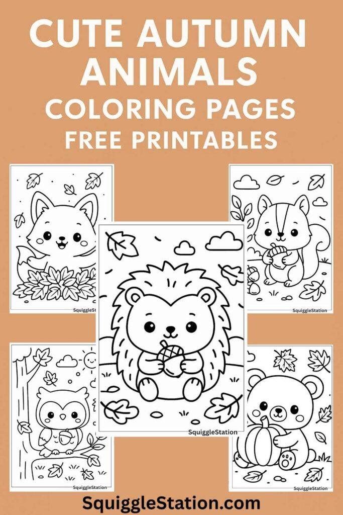 Cute autumn animal coloring pages featuring a fox in leaves, hedgehog with acorn, squirrel gathering nuts, owl in fall tree, and bear with pumpkin.