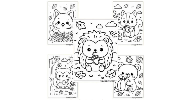 A collage of five printable autumn animal coloring pages featuring a fox in leaves, hedgehog with an acorn, squirrel with nuts, owl in a fall tree, and bear with a pumpkin, from SquiggleStation.