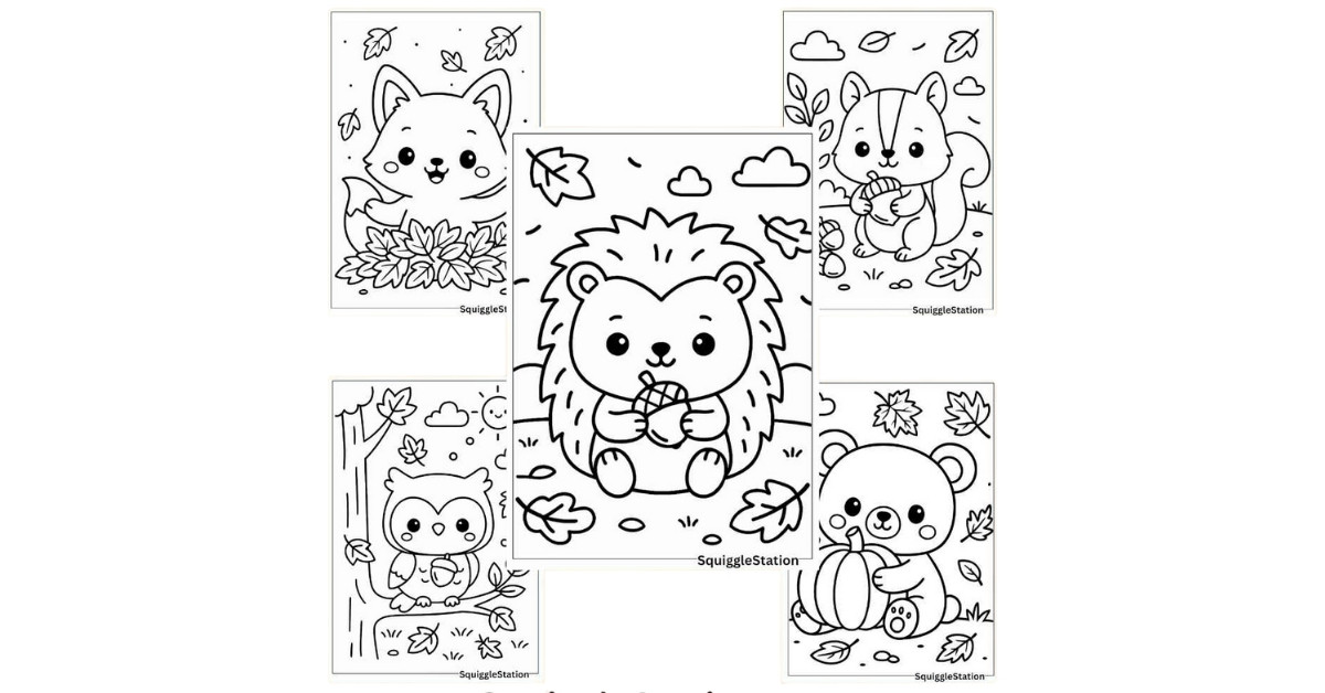 A collage of five printable autumn animal coloring pages featuring a fox in leaves, hedgehog with an acorn, squirrel with nuts, owl in a fall tree, and bear with a pumpkin, from SquiggleStation.