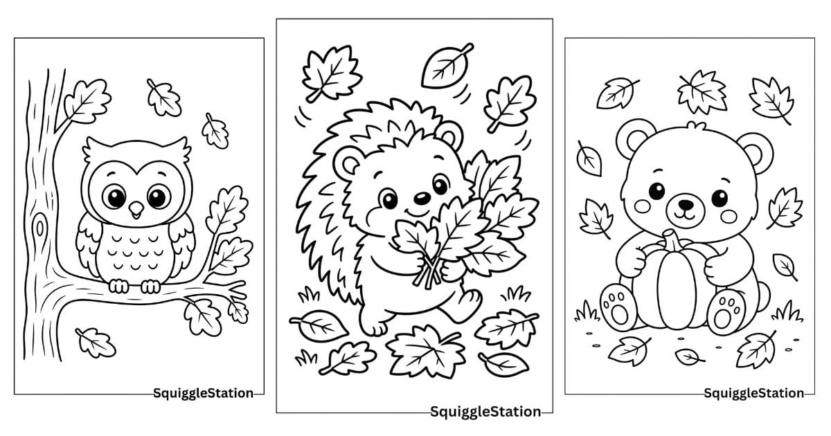 Cute autumn animals coloring pages featuring adorable woodland animals in fall scenes