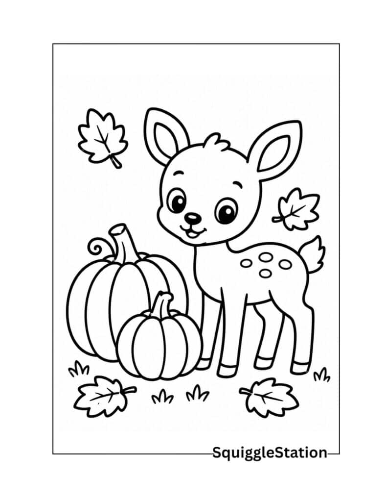 Cute Autumn Animals Coloring Pages (Free Printable PDFs) 7 Cute baby deer beside pumpkins coloring page with an adorable woodland fawn.