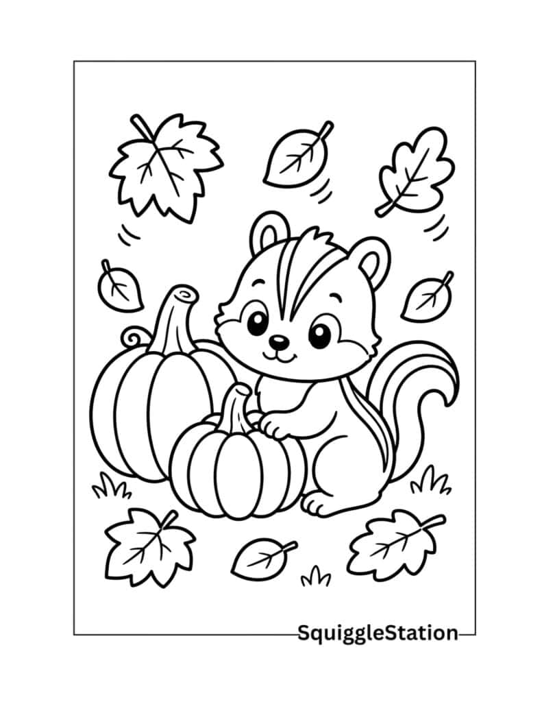 Cute Autumn Animals Coloring Pages (Free Printable PDFs) 10 Cute chipmunk beside pumpkins coloring page in a cozy autumn woodland scene.