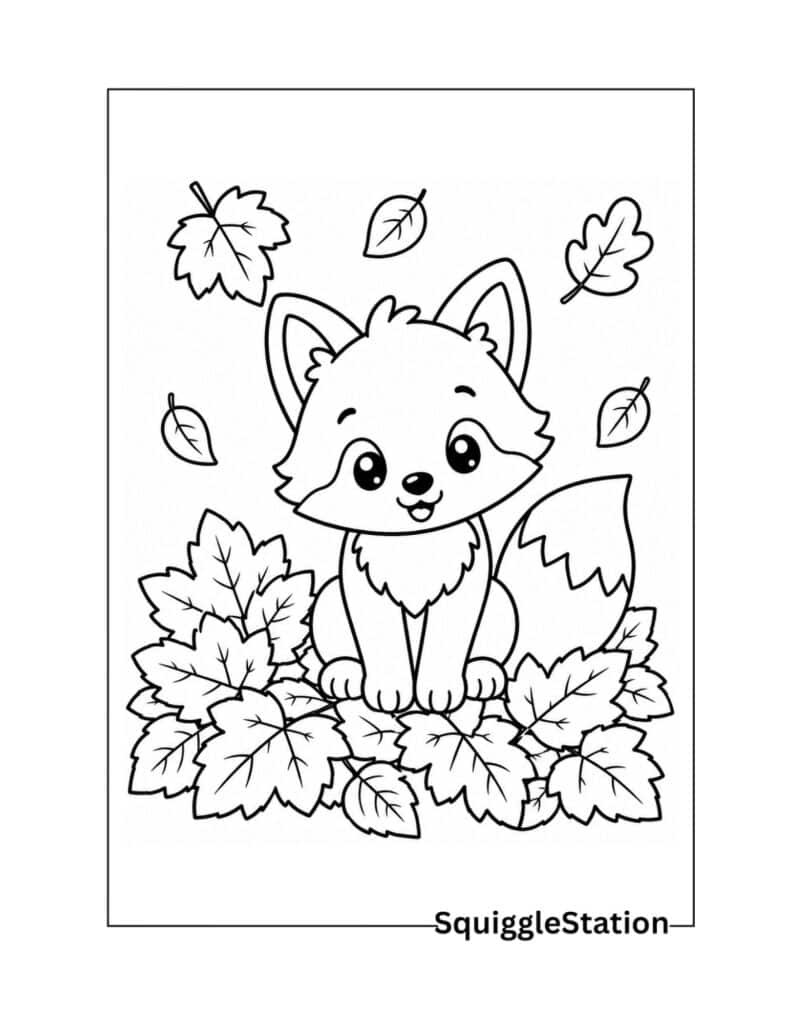 Cute Autumn Animals Coloring Pages (Free Printable PDFs) 6 Cute fox in autumn leaves coloring page with a smiling woodland fox surrounded by falling fall leaves.