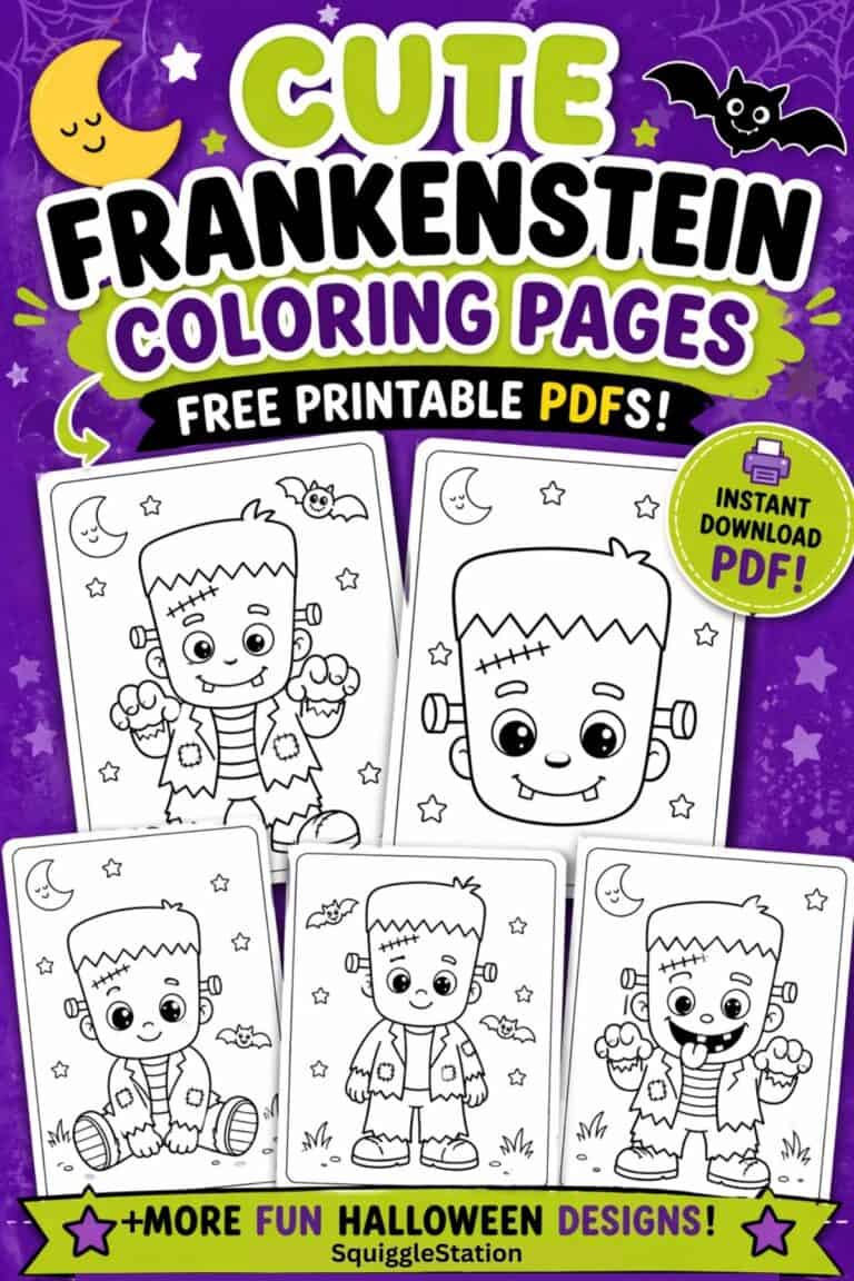Cute Frankenstein coloring pages free printable with easy and fun Halloween monster designs for kids