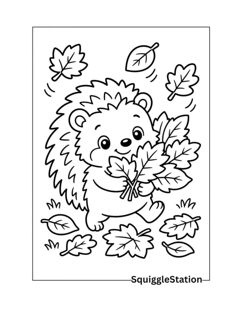 Cute Autumn Animals Coloring Pages (Free Printable PDFs) 3 Cute hedgehog carrying colorful autumn leaves coloring page with bold easy outlines.