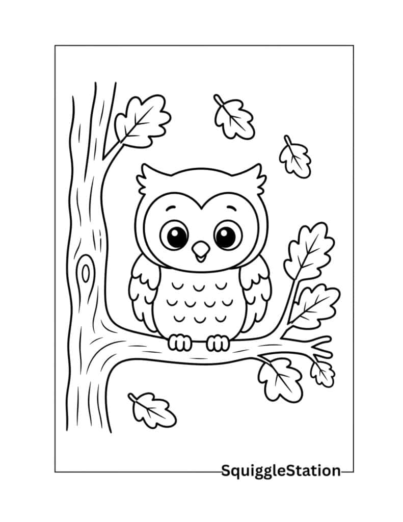 Cute Autumn Animals Coloring Pages (Free Printable PDFs) 4 Cute owl sitting on an autumn tree branch coloring page surrounded by fall leaves.