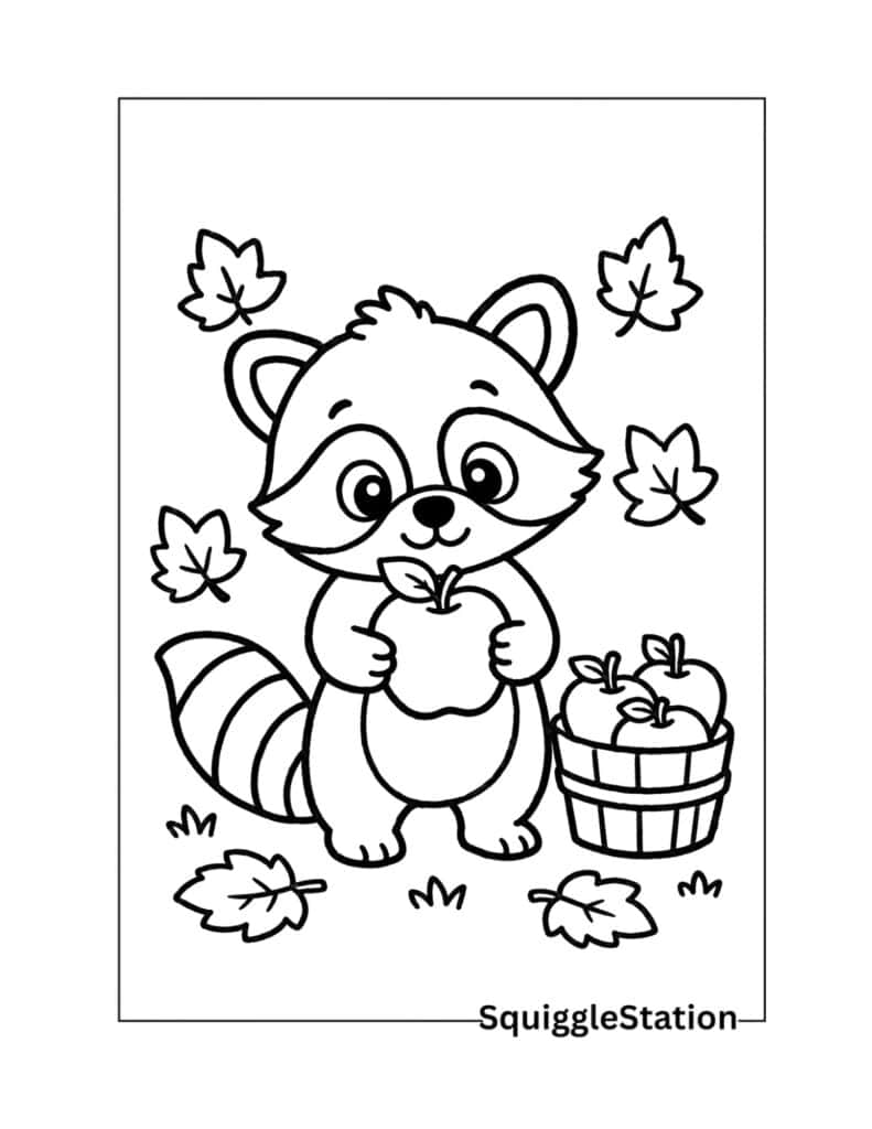 Cute Autumn Animals Coloring Pages (Free Printable PDFs) 8 Cute raccoon holding an apple coloring page for autumn harvest activities.