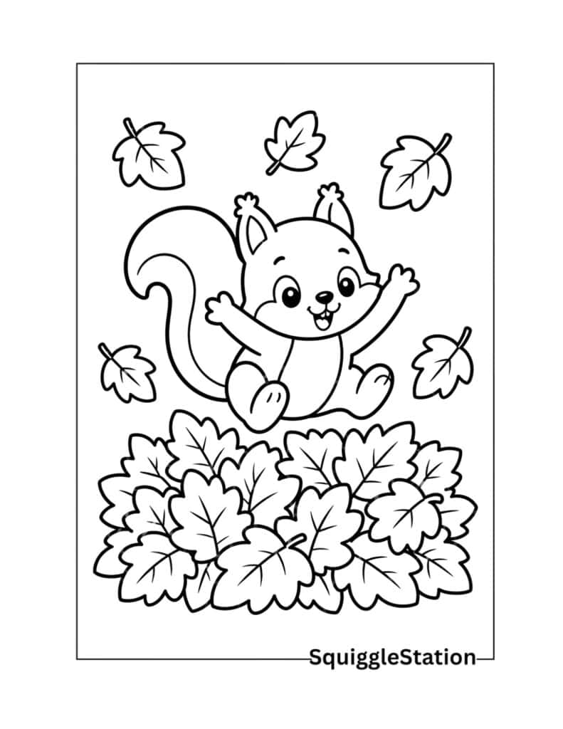 Cute Autumn Animals Coloring Pages (Free Printable PDFs) 2 Cute squirrel jumping into a pile of autumn leaves coloring page for kids.