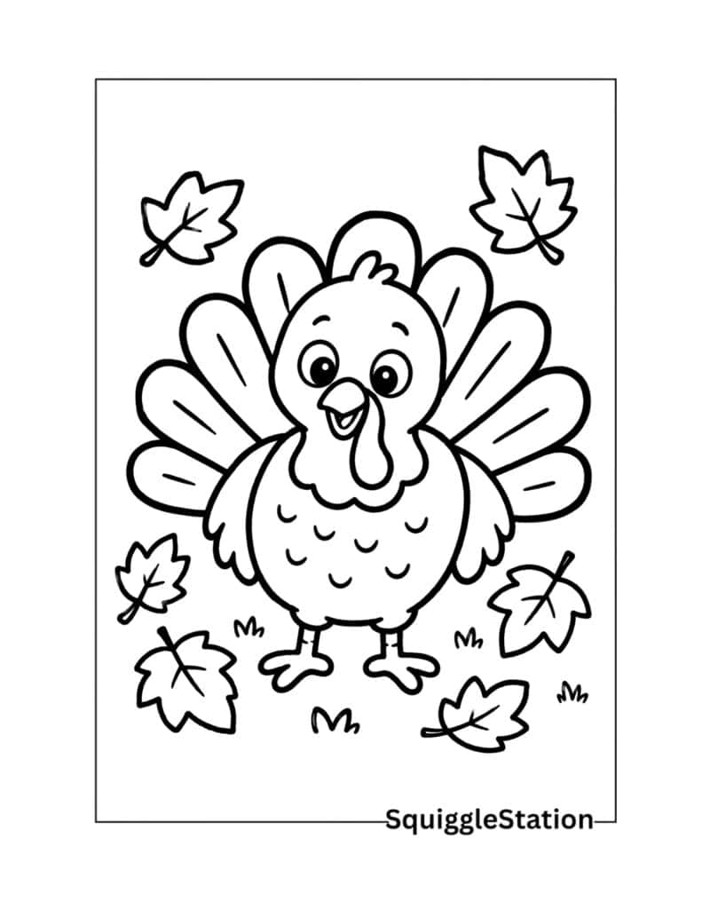 Cute Autumn Animals Coloring Pages (Free Printable PDFs) 9 Cute turkey surrounded by autumn leaves coloring page for Thanksgiving and fall.