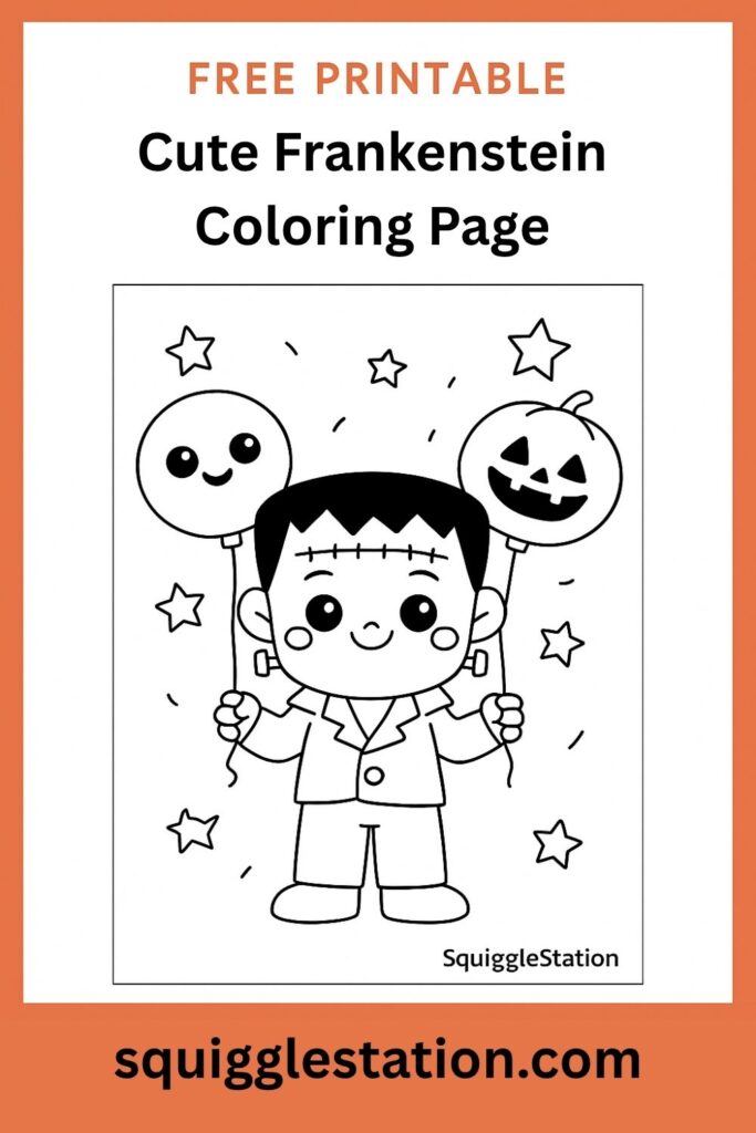 Free printable Frankenstein coloring page – cute Halloween-themed activity with a cartoon Frankenstein holding ghost and pumpkin balloons. Great for preschool and elementary kids.
