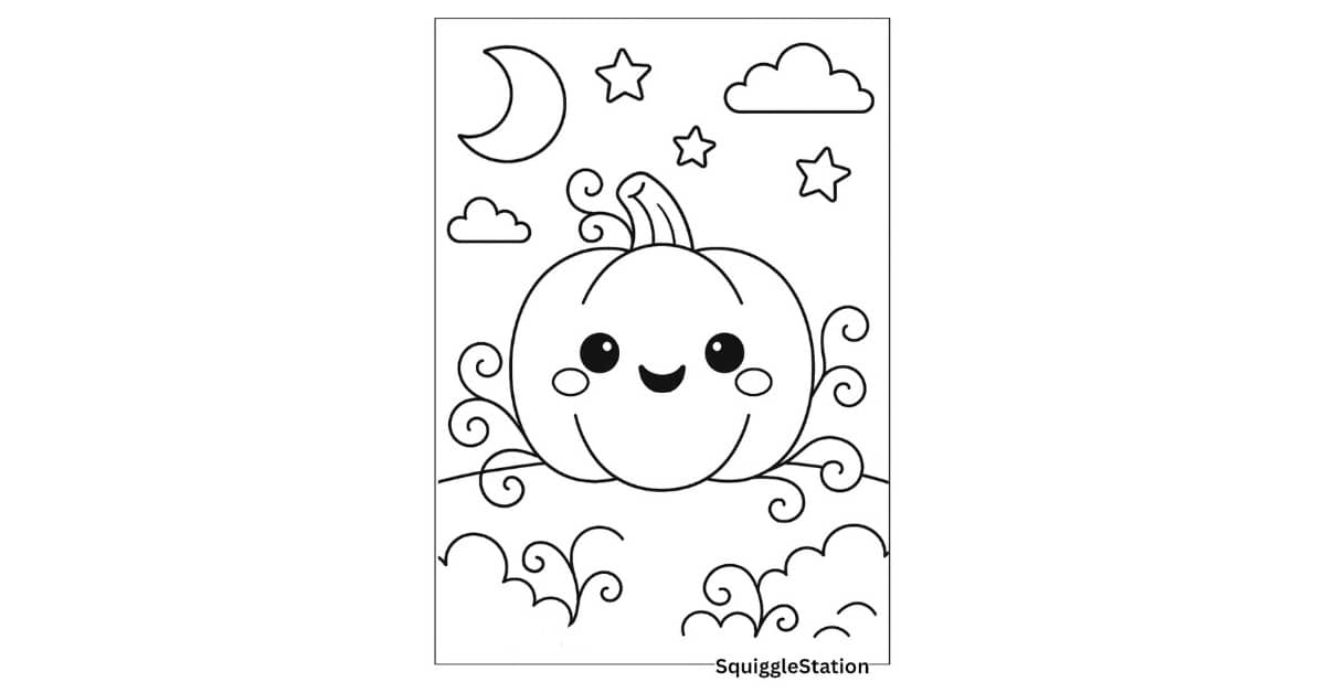 Free printable kawaii jack-o’-lantern coloring page with a carved pumpkin under a starry night sky and crescent moon for preschool and kindergarten kids