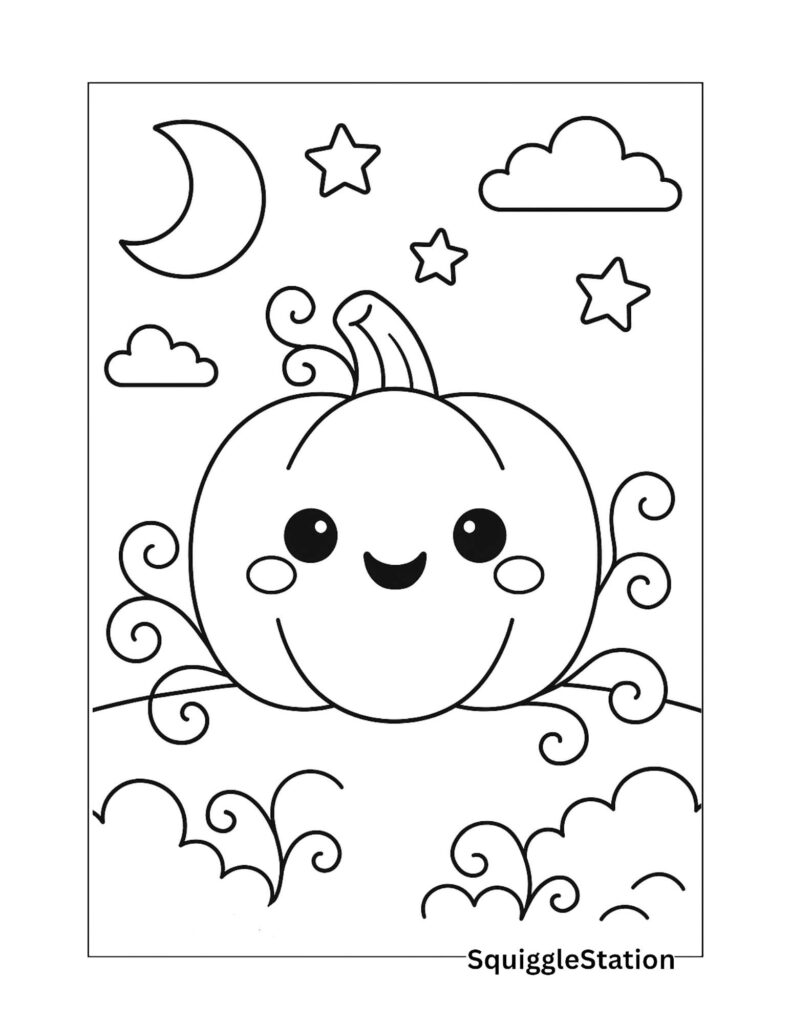 Free Printable Jack‑O’-Lantern Coloring Page with Moon & Stars 1 Free printable kawaii jack-o’-lantern coloring page for kids featuring a carved pumpkin under a starry night sky with crescent moon