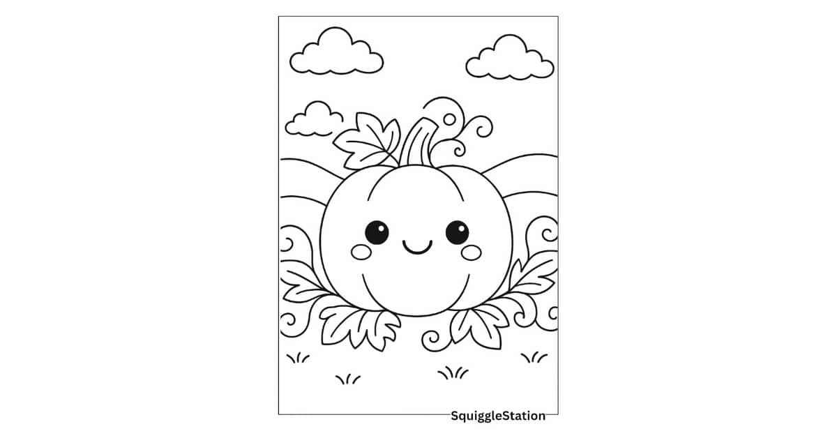 Free printable kawaii pumpkin coloring page with swirly vines and a smiling face for preschool and kindergarten kids