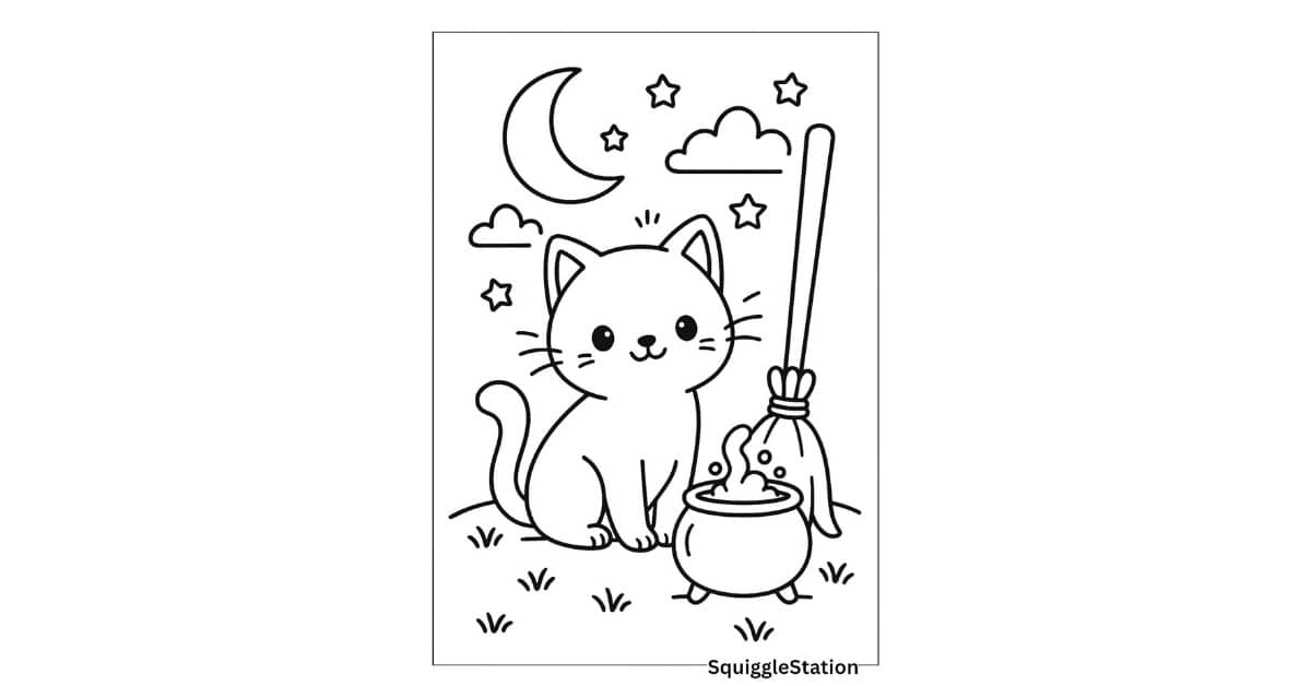 Free printable kawaii black cat coloring page with curious kitten standing next to a witch’s broom and Halloween elements for kids