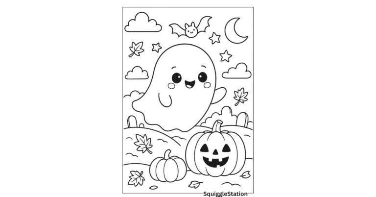 Free printable kawaii ghost coloring page for kids featuring smiling ghost with pumpkins and flying bats in Halloween theme