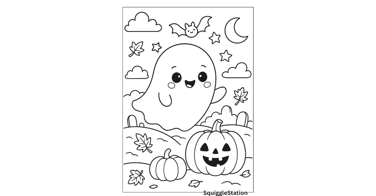 Free printable kawaii ghost coloring page for kids featuring smiling ghost with pumpkins and flying bats in Halloween theme