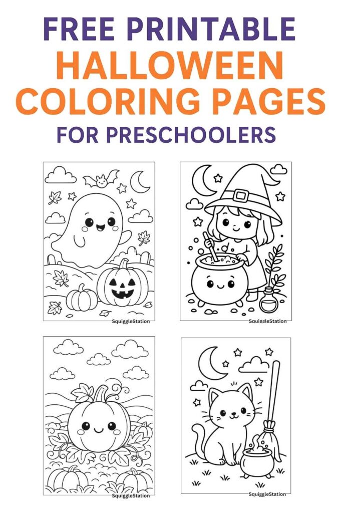 Vertical Pinterest pin preview of five free printable kawaii Halloween coloring pages for kids featuring a pumpkin, ghost, black cat, mummy, and witch in cute cartoon style