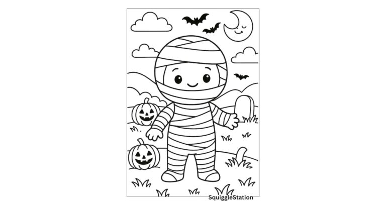 Free printable kawaii mummy coloring page for kids featuring a smiling cartoon mummy with Halloween background details