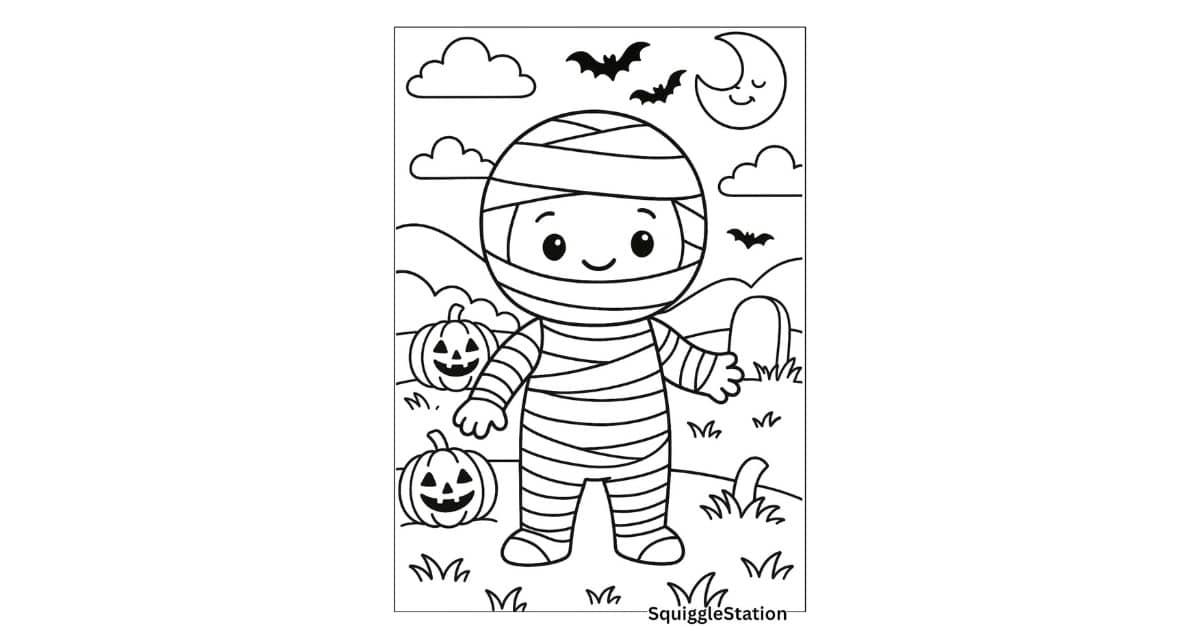 Free printable kawaii mummy coloring page for kids featuring a smiling cartoon mummy with Halloween background details