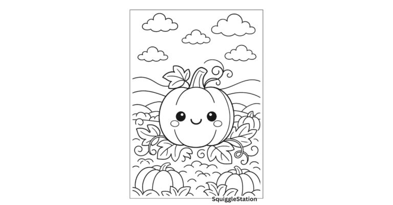 Free printable kawaii pumpkin patch coloring page for preschoolers featuring a smiling pumpkin in a field with rolling hills and clouds