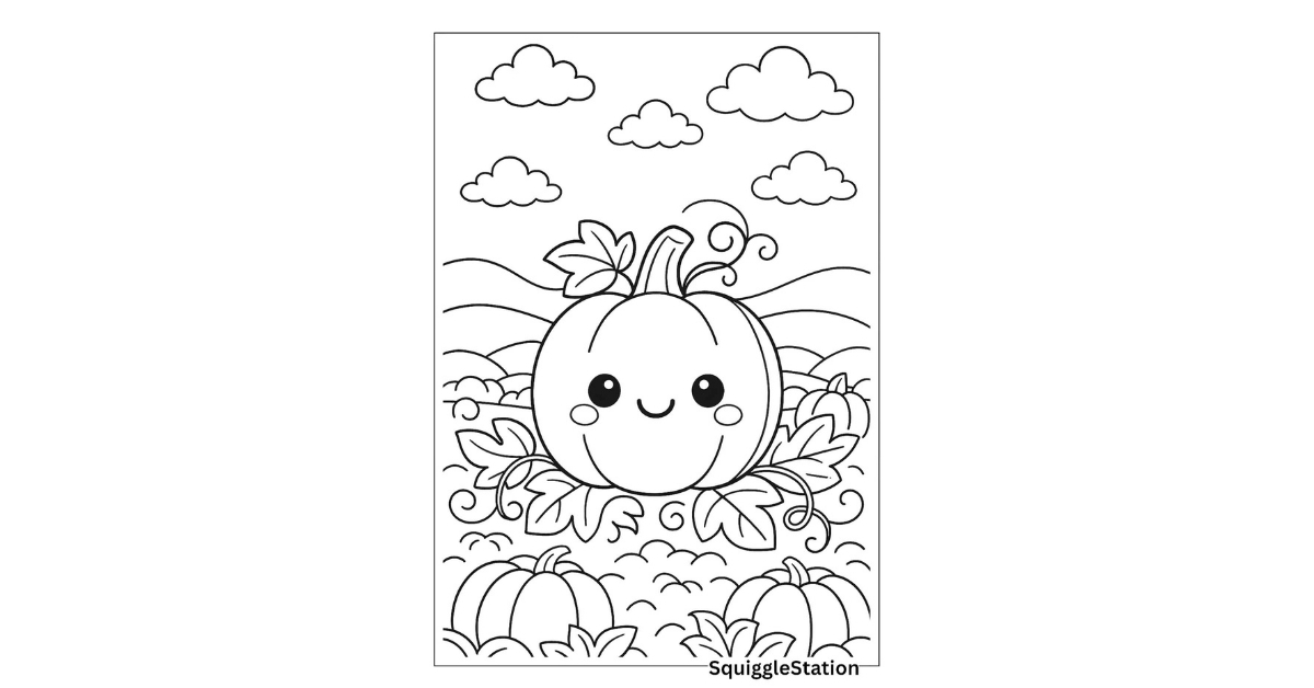Free printable kawaii pumpkin patch coloring page for preschoolers featuring a smiling pumpkin in a field with rolling hills and clouds