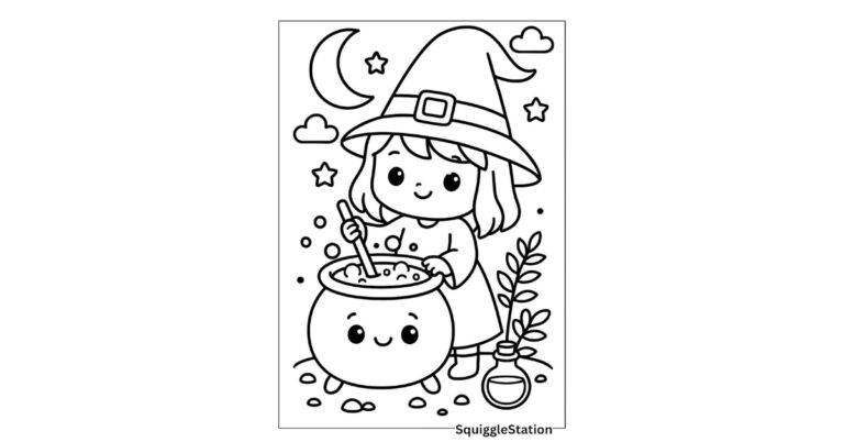 Free printable kawaii witch coloring page for kids featuring smiling witch stirring a bubbling cauldron under a full moon