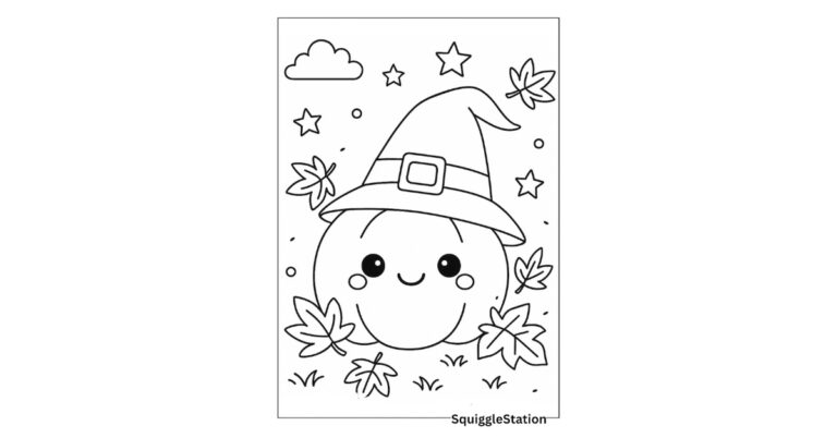 Free printable kawaii pumpkin coloring page with witch’s hat and fall leaves for preschool and kindergarten kids