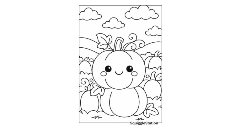 Free printable pumpkin patch coloring page featuring a field of cute pumpkins with hills and clouds for kids