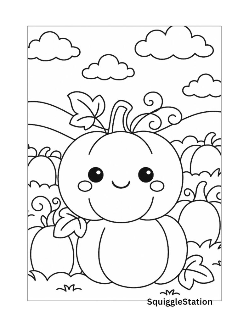 Free printable pumpkin patch coloring page with cute smiling pumpkins, rolling hills, and fluffy clouds for preschool and kindergarten kids