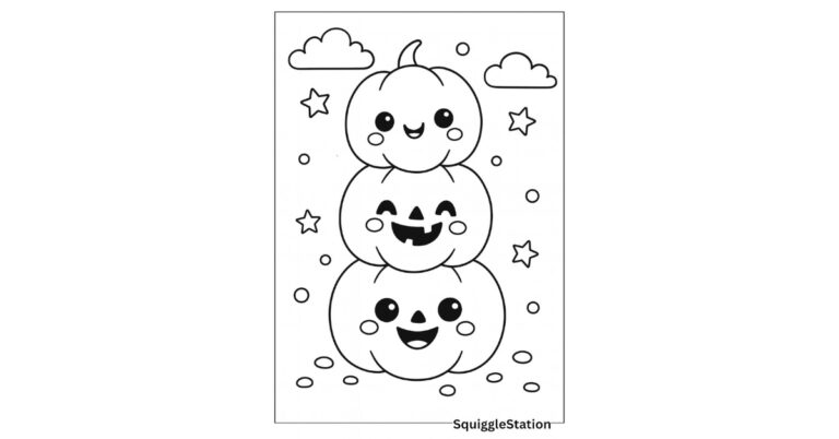 Free printable pumpkin stack coloring page with three silly jack-o’-lantern faces for preschool and kindergarten kids