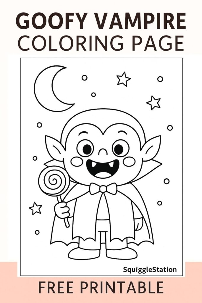 Free printable coloring page featuring a goofy cartoon vampire with a lollipop under a starry Halloween night sky – perfect for kids!
