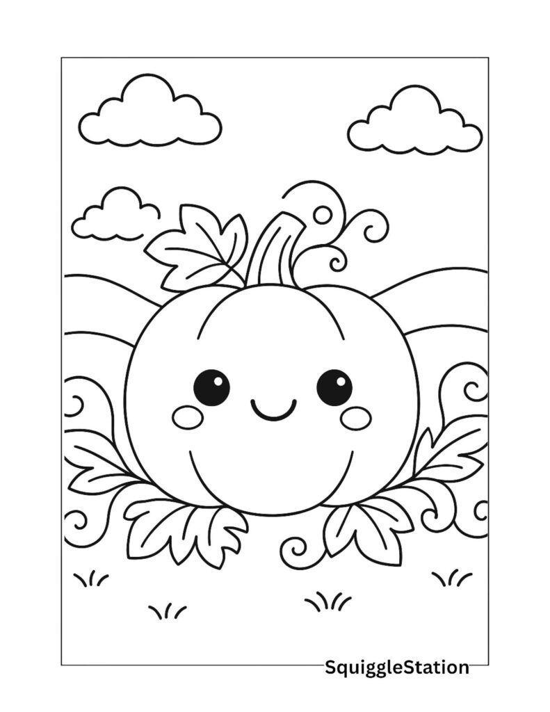 Preview of free printable kawaii pumpkin coloring page with curly vines and a smiling face for kids