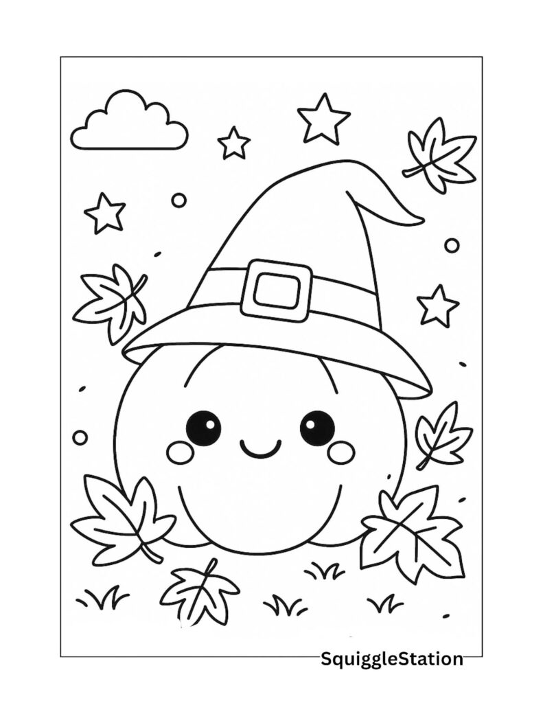 Preview of free printable kawaii pumpkin coloring page with a witch’s hat and fall leaves for kids