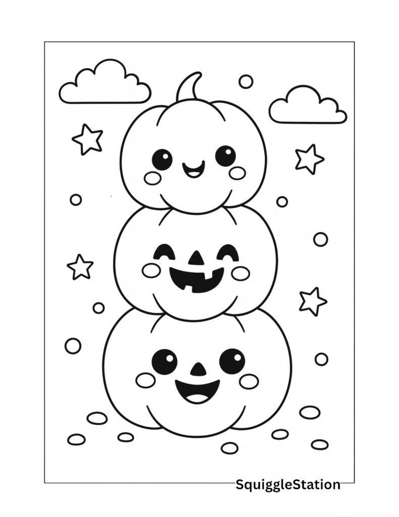 Preview of free printable pumpkin stack coloring page with three silly jack-o’-lantern faces for kids