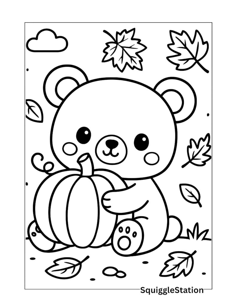 Printable preview of the bear with pumpkin coloring sheet PDF