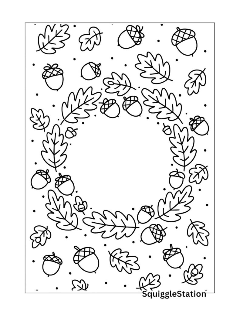 Acorns and Leaves Wreath Coloring Page included in Autumn Leaves and Pumpkins roundup – printable fall wreath design.