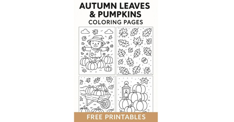 Collection of autumn leaves and pumpkins coloring pages including scarecrow, pumpkins, leaves, and lantern.