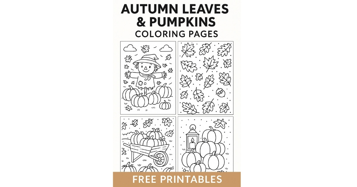 Collection of autumn leaves and pumpkins coloring pages including scarecrow, pumpkins, leaves, and lantern.